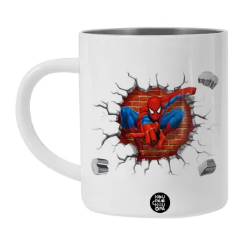 Spiderman wall, Λευκή Ανοξείδωτη Μεταλλική Κούπα 450ml - Διπλού Τοιχώματος 