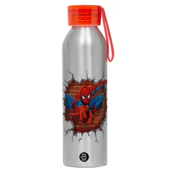 Spiderman wall, Αλουμινένιο Αθλητικό Μπουκάλι 650ml – Ασημί με Κόκκινο Καπάκι και Λουράκι Σιλικόνης