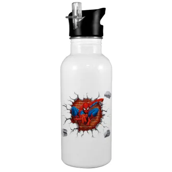 Spiderman wall, White water bottle with straw, stainless steel 600ml