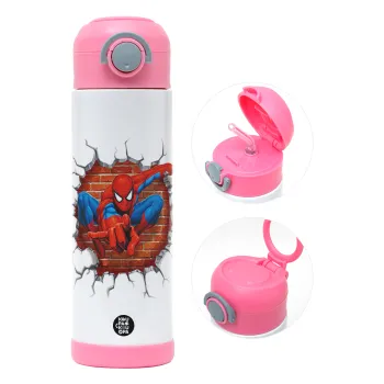 Spiderman wall, Children's hot water bottle, stainless steel, with safety straw, PINK (500ml)