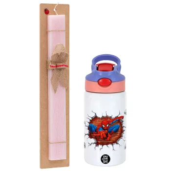Spiderman wall, Easter Set, Children's thermal stainless steel water bottle with safety straw, pink/purple (350ml) & Easter scented flat candle (30cm) (PINK)
