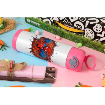 Spiderman wall, Πασχαλινή Λαμπάδα με Παιδικό παγούρι θερμό, ανοξείδωτο, με καλαμάκι ασφαλείας, ΡΟΖ (500ml)