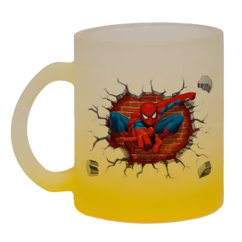 Spiderman wall, Κούπα γυάλινη δίχρωμη με βάση το κίτρινο ματ, 330ml