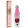 Easter Set, Metallic pink/white (Stainless steel) thermos, double-walled, 500ml & aromatic flat Easter candle (30cm) (PINK)