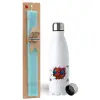 Easter Set, metallic stainless steel water bottle (750ml) & aromatic flat Easter candle (30cm) (TURQUOISE)