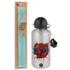 Easter Set, metallic silver aluminum water bottle (500ml) & scented flat Easter candle (30cm) (TURQUOISE)