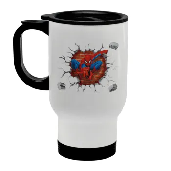 Spiderman wall, Κούπα ταξιδιού ανοξείδωτη με καπάκι, διπλού τοιχώματος (θερμό) λευκή 450ml