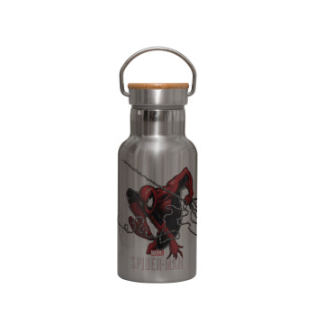 Spider-man, Μεταλλικό παγούρι θερμός (Stainless steel) Ασημένιο με ξύλινο καπακι (bamboo), διπλού τοιχώματος, 350ml