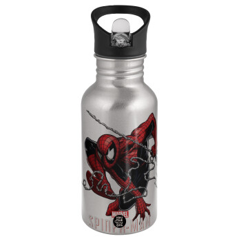 Spider-man, Water bottle Silver with straw, stainless steel 500ml