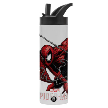 Spider-man, Μεταλλικό παγούρι θερμός με καλαμάκι & χειρολαβή, ανοξείδωτο ατσάλι (Stainless steel 304), διπλού τοιχώματος, 600ml