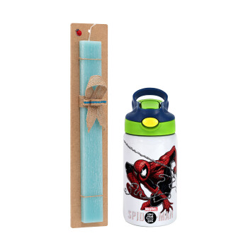 Spider-man, Easter Set, Children's thermal stainless steel bottle with safety straw, green/blue (350ml) & aromatic flat Easter candle (30cm) (TURQUOISE)