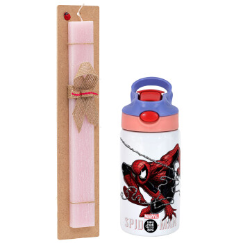 Spider-man, Πασχαλινό Σετ, Παιδικό παγούρι θερμό, ανοξείδωτο, με καλαμάκι ασφαλείας, ροζ/μωβ (350ml) & πασχαλινή λαμπάδα αρωματική πλακέ (30cm) (ΡΟΖ)