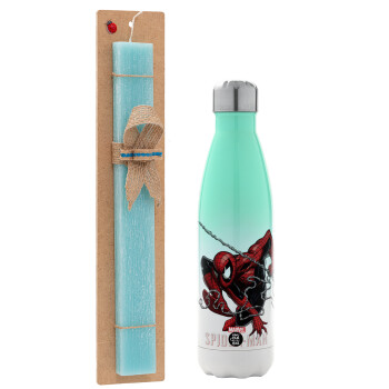 Spider-man, Easter Set, Metallic green/white thermos (Stainless steel), double-walled, 500ml & scented flat Easter candle (30cm) (TURQUOISE)
