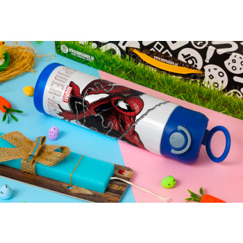 Spider-man, Πασχαλινή Λαμπάδα με Παιδικό παγούρι θερμό, ανοξείδωτο, με καλαμάκι ασφαλείας, ΜΠΛΕ (500ml)