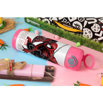 Spider-man, Πασχαλινή Λαμπάδα με Παιδικό παγούρι θερμό, ανοξείδωτο, με καλαμάκι ασφαλείας, ΡΟΖ (500ml)