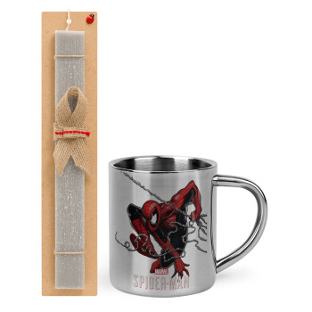 Spider-man, Easter Set, metallic thermal cup (300ml) & Easter aromatic flat candle (30cm) (GRAY)