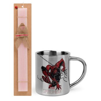 Spider-man, Easter Set, metallic thermal cup (300ml) & aromatic flat Easter candle (30cm) (PINK)
