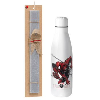 Spider-man, Πασχαλινό Σετ, μεταλλικό παγούρι Inox (700ml) & πασχαλινή λαμπάδα αρωματική πλακέ (30cm) (ΓΚΡΙ)