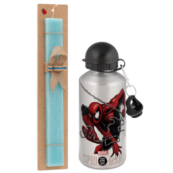 Spider-man, Easter Set, metallic silver aluminum water bottle (500ml) & scented flat Easter candle (30cm) (TURQUOISE)
