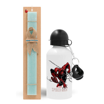 Spider-man, Easter Set, metallic aluminum water bottle (500ml) & scented flat candle (30cm) (TURQUOISE)