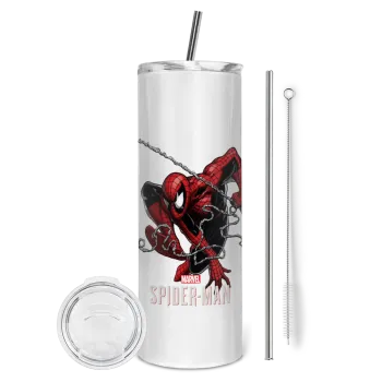 Spider-man, Tumbler ποτήρι θερμό από ανοξείδωτο ατσάλι 600ml, με μεταλλικό καλαμάκι & βούρτσα καθαρισμού