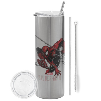 Spider-man, Eco friendly stainless steel Silver tumbler 600ml, with metal straw & cleaning brush