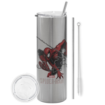 Spider-man, Tumbler stainless steel Silver 600ml, with metal straw & cleaning brush