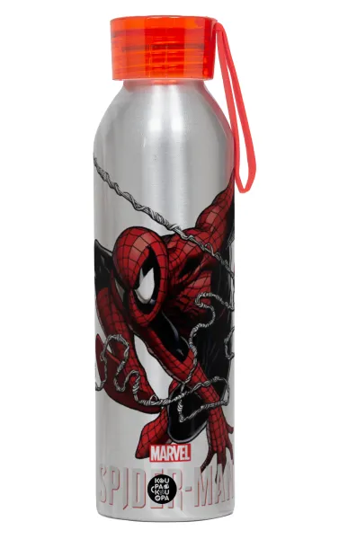 Spider-man — Aluminum Sports Bottle 650ml – Silver with Red Cap and Silicone Strap