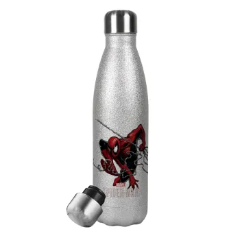 Spider-man, Μεταλλικό παγούρι θερμός Glitter Aσημένιο (Stainless steel), διπλού τοιχώματος, 500ml
