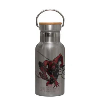Spider-man, Μεταλλικό παγούρι θερμός (Stainless steel) Ασημένιο με ξύλινο καπακι (bamboo), διπλού τοιχώματος, 350ml