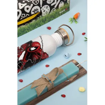 Spider-man, Πασχαλινή Λαμπάδα με παγούρι μεταλλικό (620ml, stainless steel) & κερί αρωματικό πλακέ (30cm) (ΤΙΡΚΟΥΑΖ)