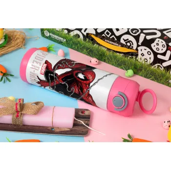 Spider-man, Πασχαλινή Λαμπάδα με Παιδικό παγούρι θερμό, ανοξείδωτο, με καλαμάκι ασφαλείας, ΡΟΖ (500ml)