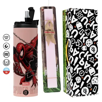 Spider-man, Πασχαλινή Λαμπάδα με  ΡΟΖ Travel Tumbler θερμό (600ml, BPA free) & κερί αρωματικό πλακέ (30cm) (ΡΟΖ)