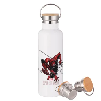 Spider-man, Stainless steel White with wooden lid (bamboo), double wall, 750ml
