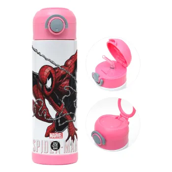 Spider-man, Children's hot water bottle, stainless steel, with safety straw, PINK (500ml)