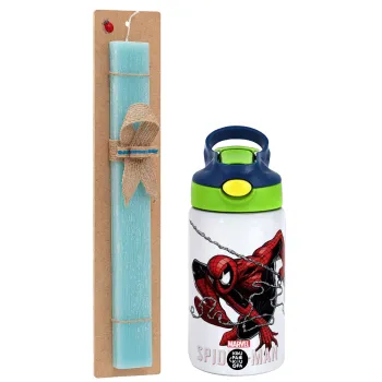Spider-man, Easter Set, Children's thermal stainless steel bottle with safety straw, green/blue (350ml) & aromatic flat Easter candle (30cm) (TURQUOISE)
