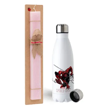 Spider-man, Easter Set, metallic stainless steel water bottle (750ml) & scented flat Easter candle (30cm) (PINK)
