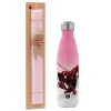 Easter Set, Metallic pink/white (Stainless steel) thermos, double-walled, 500ml & aromatic flat Easter candle (30cm) (PINK)