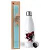 Easter Set, metallic stainless steel water bottle (750ml) & aromatic flat Easter candle (30cm) (TURQUOISE)