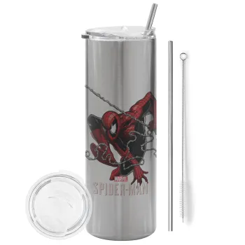 Spider-man, Tumbler stainless steel Silver 600ml, with metal straw & cleaning brush