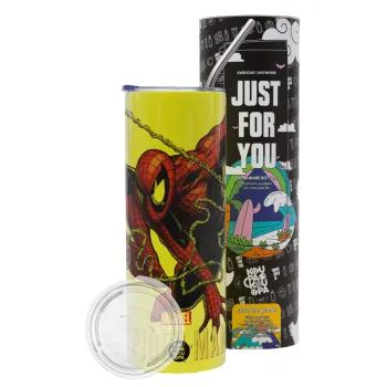 Spider-man, Neon Yellow Travel Tumbler θερμό, μεταλλικό καλαμάκι(Ανωξείδωτο 304 Food grade, BPA free, 600ml)