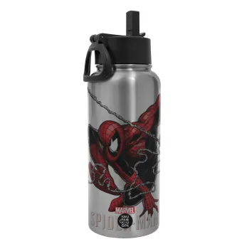 Spider-man, Metal mug thermo Silver with Straw and Spout Lid (Stainless steel), double wall, 950ml