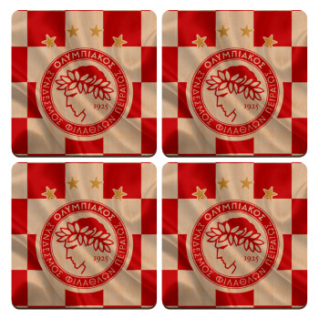 Olympiakos flag, ΣΕΤ x4 Σουβέρ ξύλινα τετράγωνα plywood (9cm)