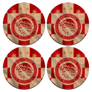 Olympiakos flag, ΣΕΤ x4 Σουβέρ ξύλινα στρογγυλά plywood (9cm)