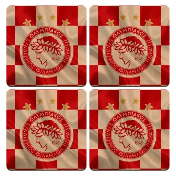 Olympiakos flag, ΣΕΤ x4 Σουβέρ ξύλινα τετράγωνα plywood (9cm)