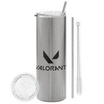 Valorant, Eco friendly ποτήρι θερμό Ασημένιο (tumbler) από ανοξείδωτο ατσάλι 600ml, με μεταλλικό καλαμάκι & βούρτσα καθαρισμού