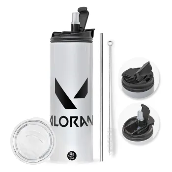 Valorant, Travel Tumbler θερμό με διπλό καπάκι, μεταλλικό καλαμάκι και βούρτσα καθαρισμού (Ανωξείδωτο 304 Food grade, BPA free, 600ml)