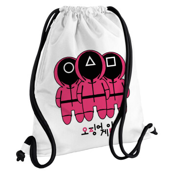 The squid game, Backpack pouch GYMBAG white, with pocket (40x48cm) & thick cords