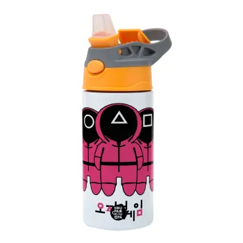 The squid game, Παιδικό παγούρι θερμό, ανοξείδωτο, με καλαμάκι ασφαλείας, Πορτοκαλί/Γκρι (360ml) BPA-FREE