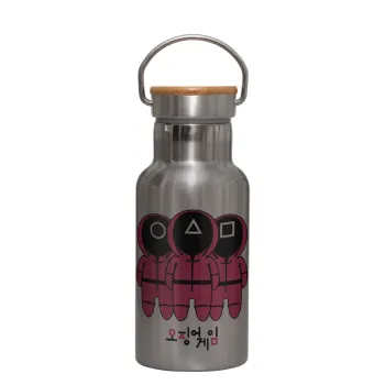 The squid game, Stainless steel metallic thermos flask, silver with a bamboo lid, double-walled, 350ml.